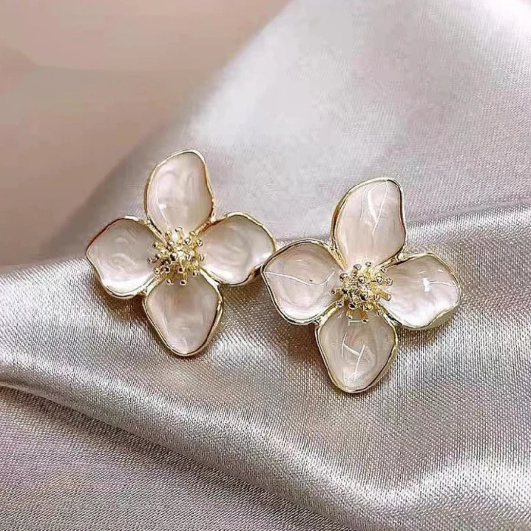Elegant White Enamel Flower Earrings
