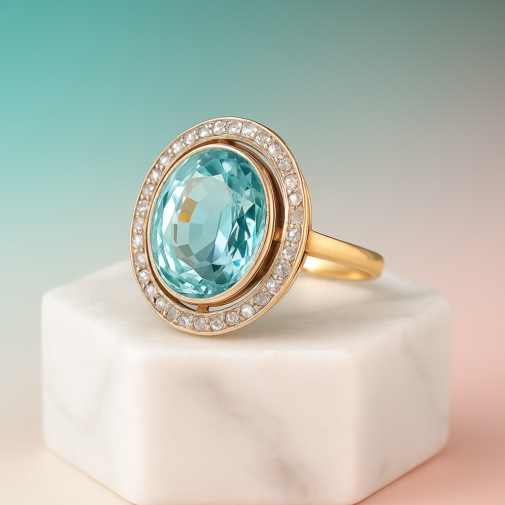 Rounded Blue Glass Gold Ring